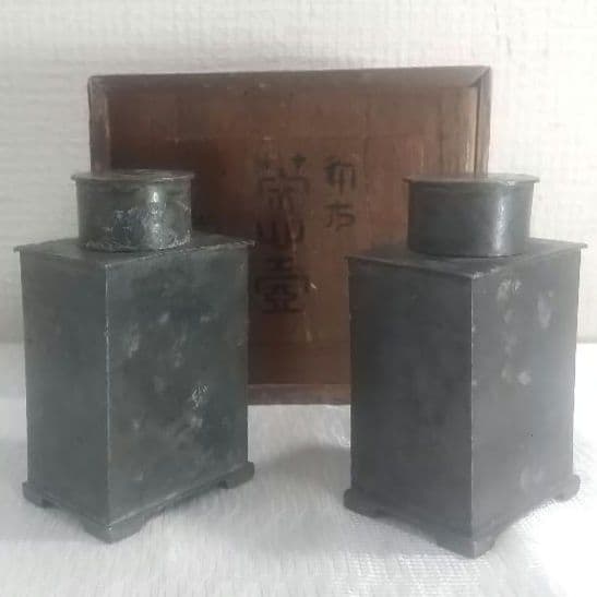 ま*ん様 【唐物 古錫 角型 茶心壺 壱双 點銅 尚古堂】中国古玩 茶壺 茶道具