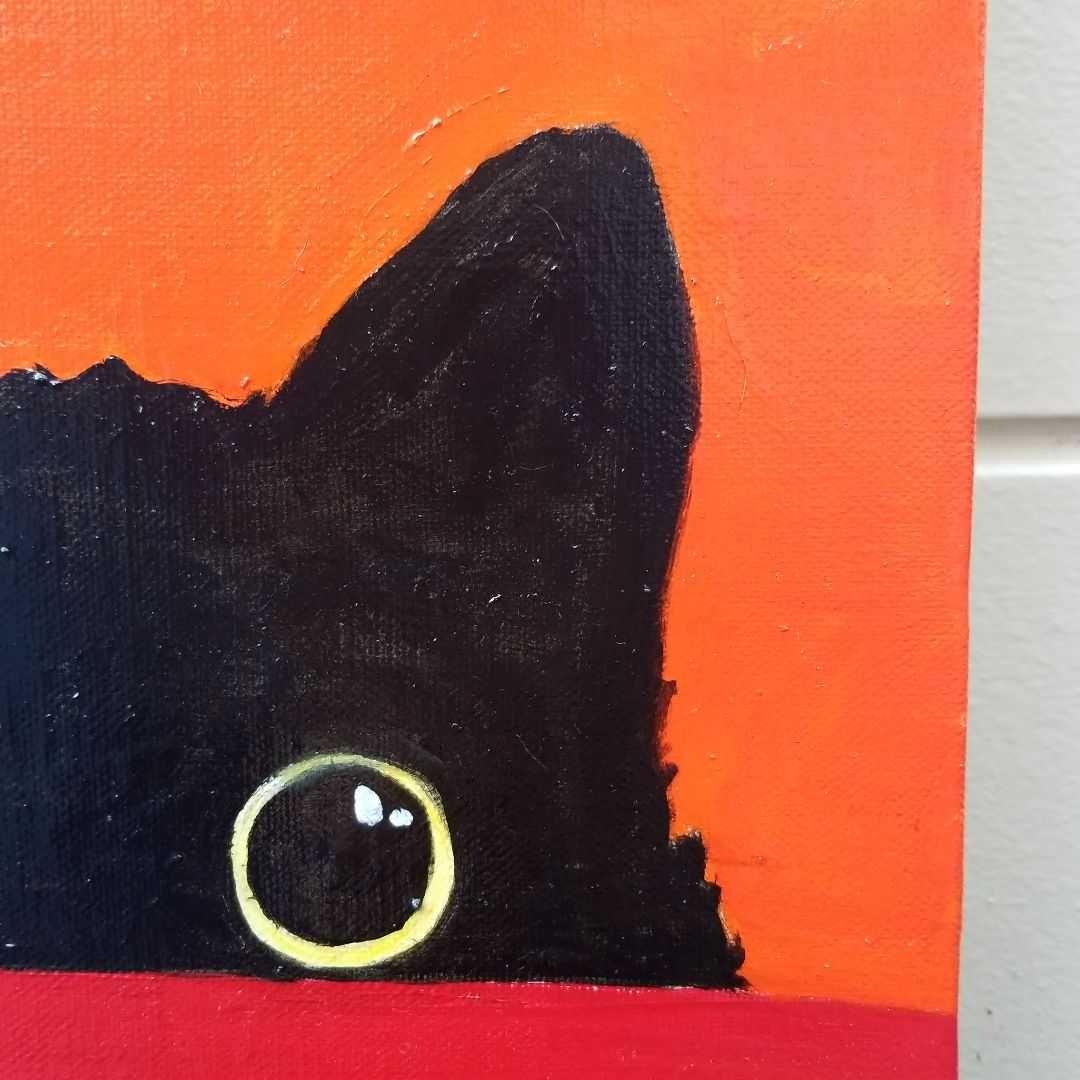 キャンバス油絵　よっこ  　何かを見ている猫