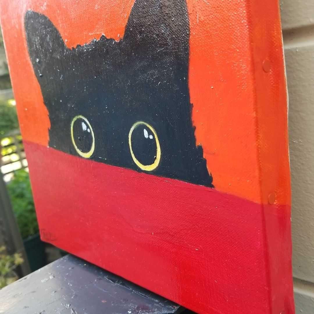 キャンバス油絵　よっこ  　何かを見ている猫
