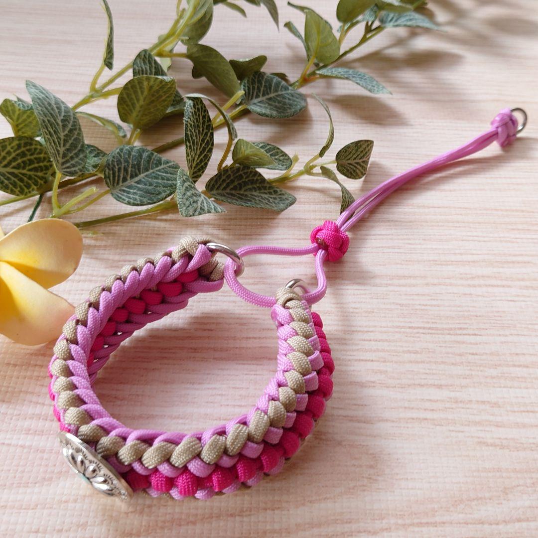 パラコード首輪　太めハーフチョーク　ピンク　コンチョ付き　№100