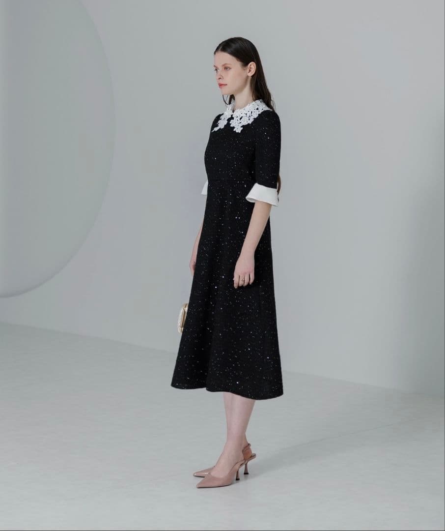 美品✨️Leja 花柄レースカラースパンコール刺繍Aラインフレアドレスワンピース