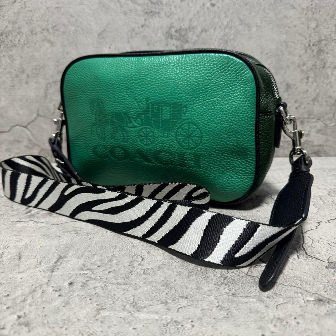 未使用級✨️コーチ カメラバッグ ショルダーバッグ 2層 レザー ゼブラ グリーン