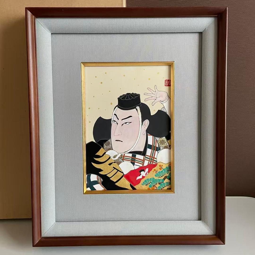 真作　長谷川貞信　五代目　「弁慶」　役者絵　共シール　金箔落　日本画家、浮世絵師
