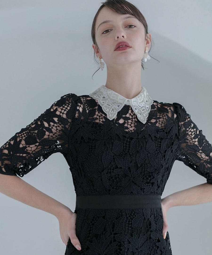 Leja 花柄レースビジューカラーAラインワンピースドレス