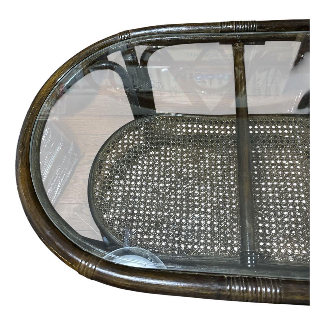 【美品】ラタン 楕円形センターテーブル サイドテーブル 丸型 ガラステーブル　藤