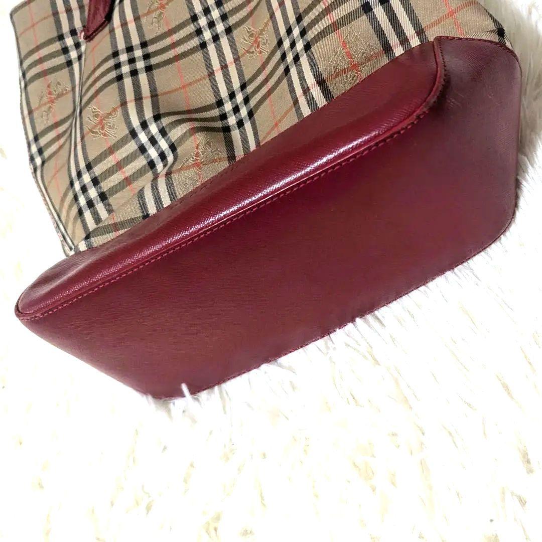 バーバリー　ノバチェック　キャンバス　レザー　ハンドバッグ　トートバッグ　赤