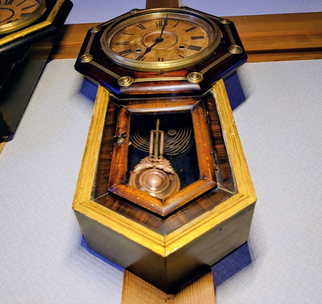 〈完動・美品〉北出時計　鋲打八角尾長ゼンマイ振り子時計　アンティーク古時計