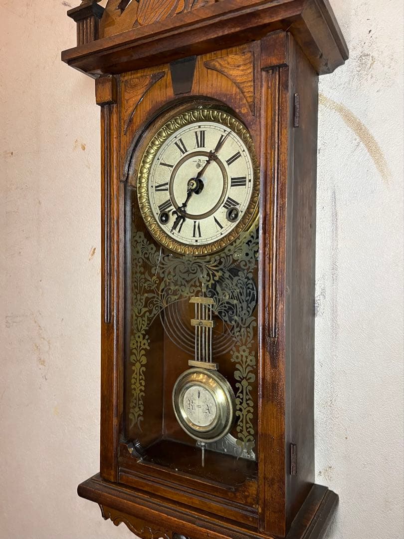 珍品　柱時計　装飾型　古時計　レトロ　ゼンマイ　ボンボン　アンティーク　振り子