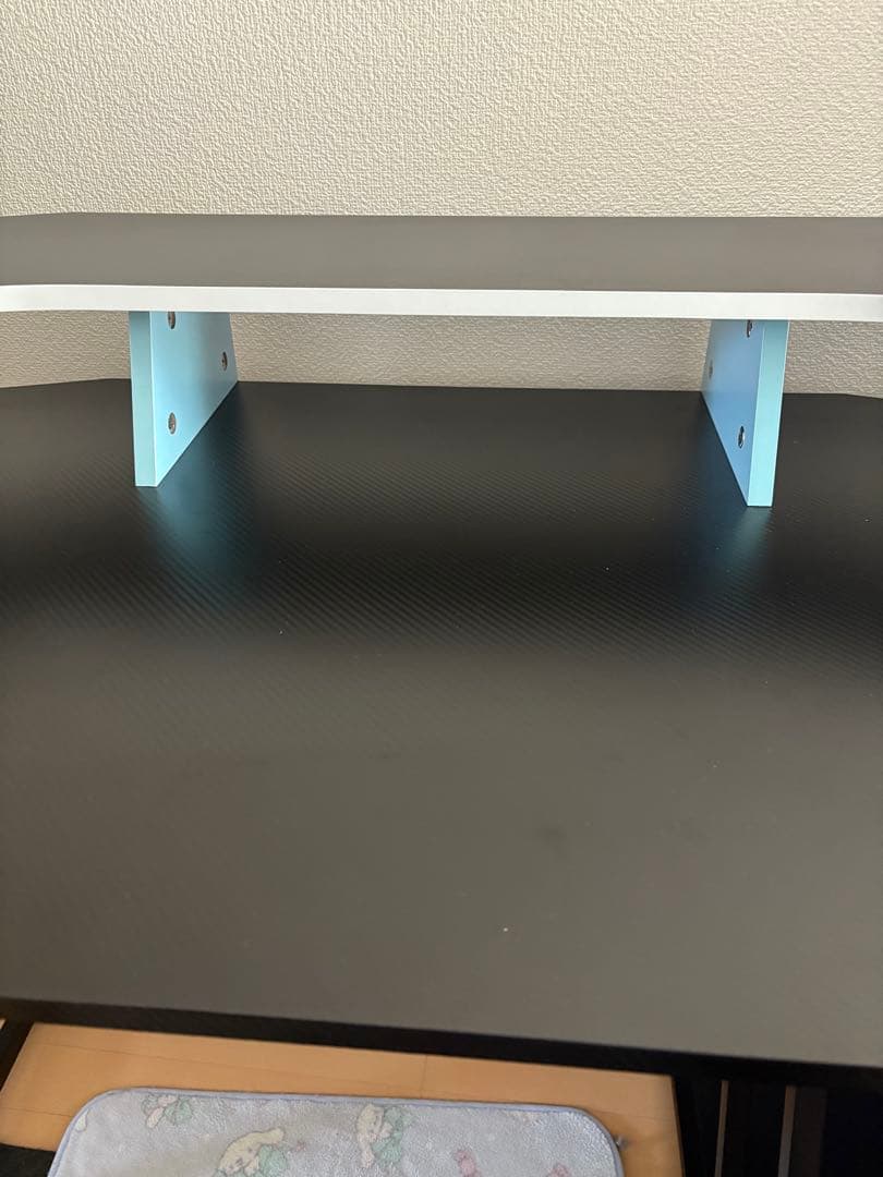 二段式ゲーミングデスク 黒×水色　ドリンクホルダー　ヘッドホンかけ付き