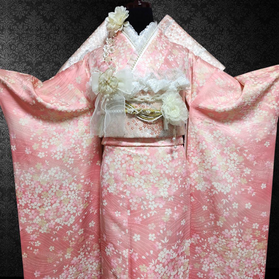 振袖フルセット(11点)・成人式・くすみ・桜・ピンク・胴裏正絹・逸品