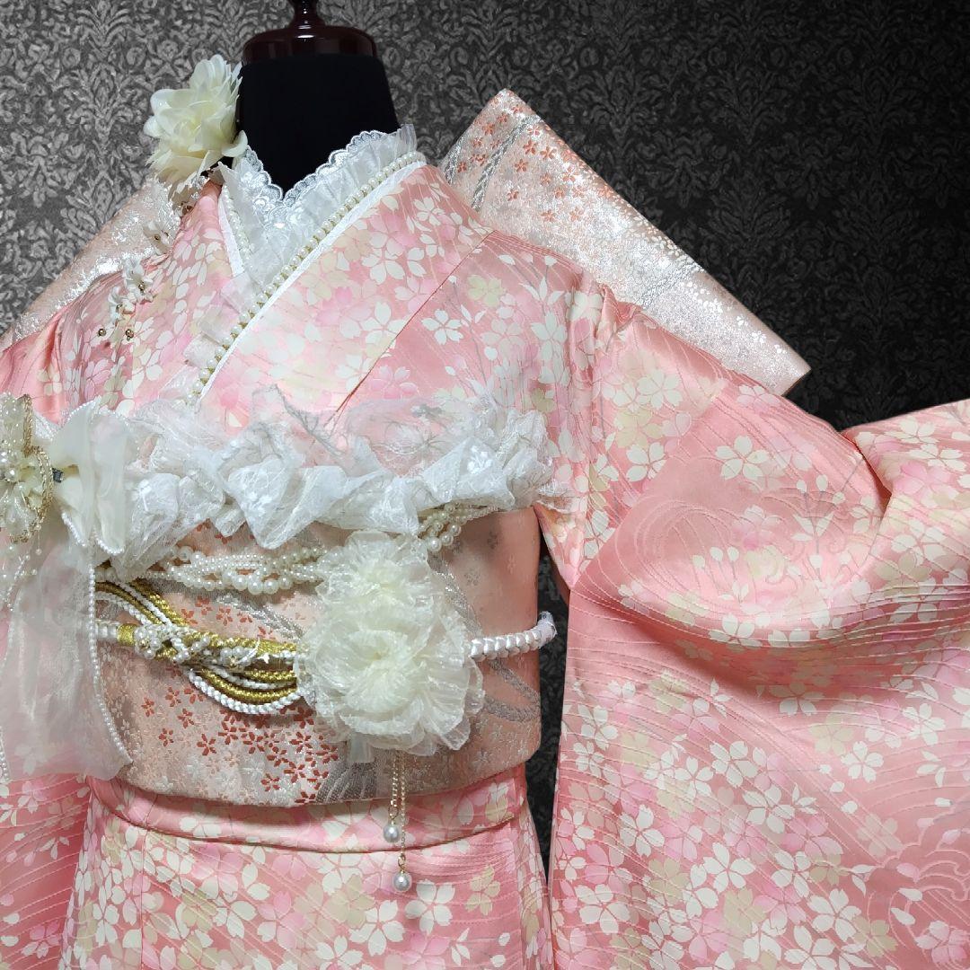 振袖フルセット(11点)・成人式・くすみ・桜・ピンク・胴裏正絹・逸品