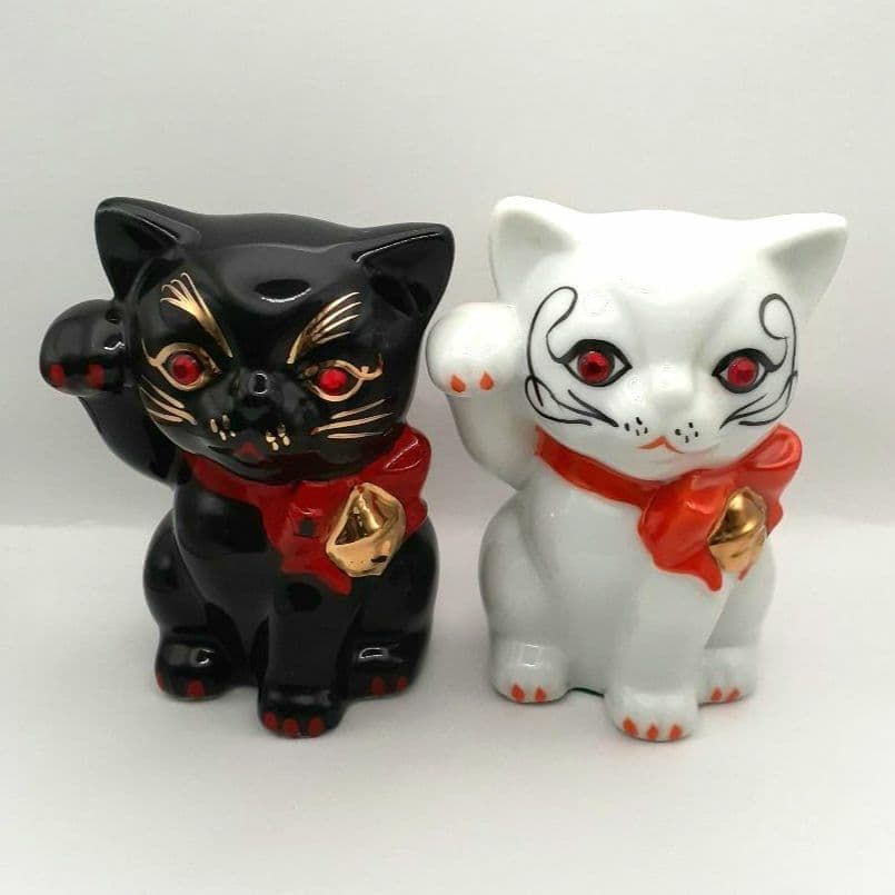 95 東海銀行ノベルティ 陶器製 リボン猫 貯金箱 2体セット 白黒 非売品