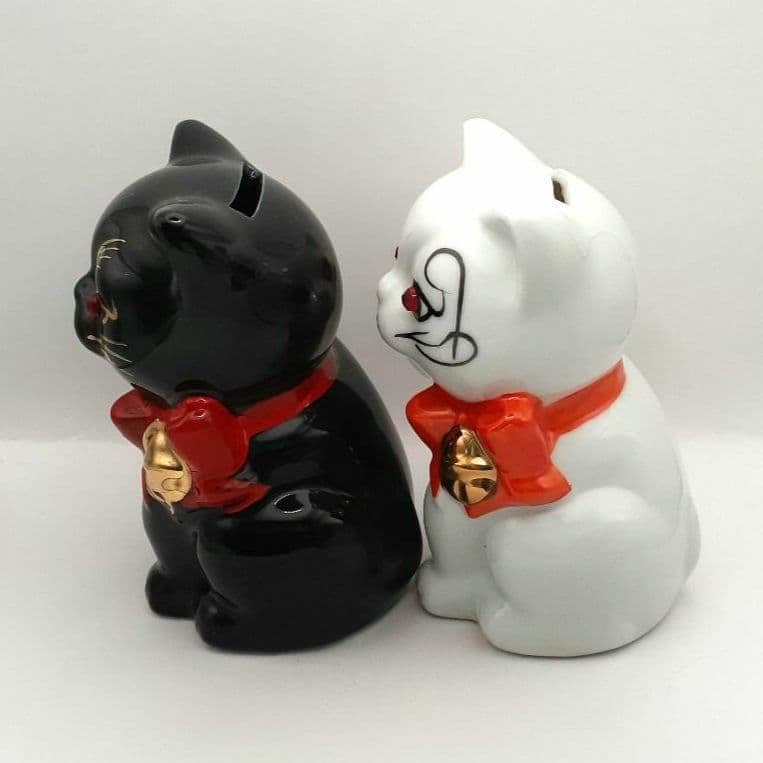 95 東海銀行ノベルティ 陶器製 リボン猫 貯金箱 2体セット 白黒 非売品