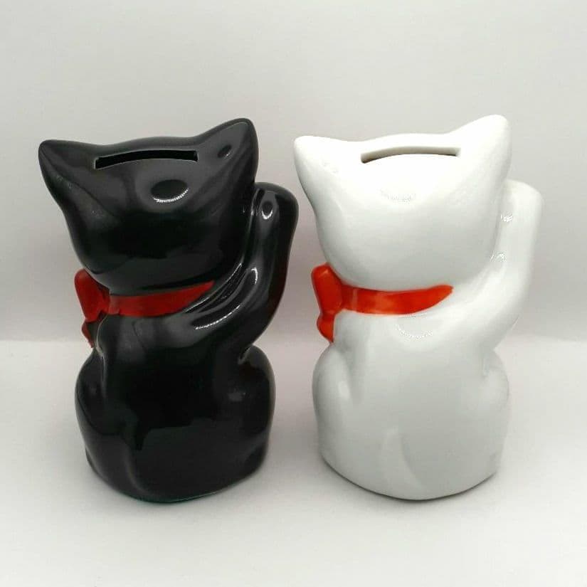 95 東海銀行ノベルティ 陶器製 リボン猫 貯金箱 2体セット 白黒 非売品