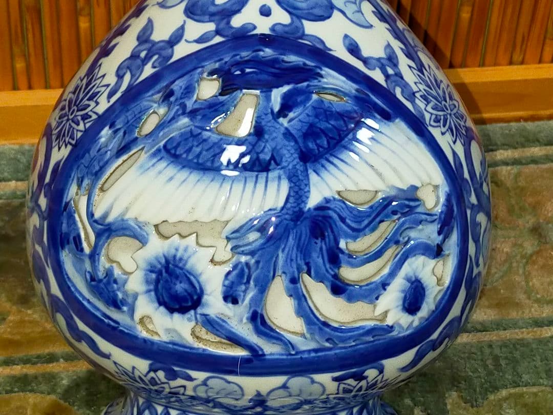 ♥値下げ！♥中国　染付　双耳　花瓶　大明成化年製　龍　鳳凰　骨董　古玩