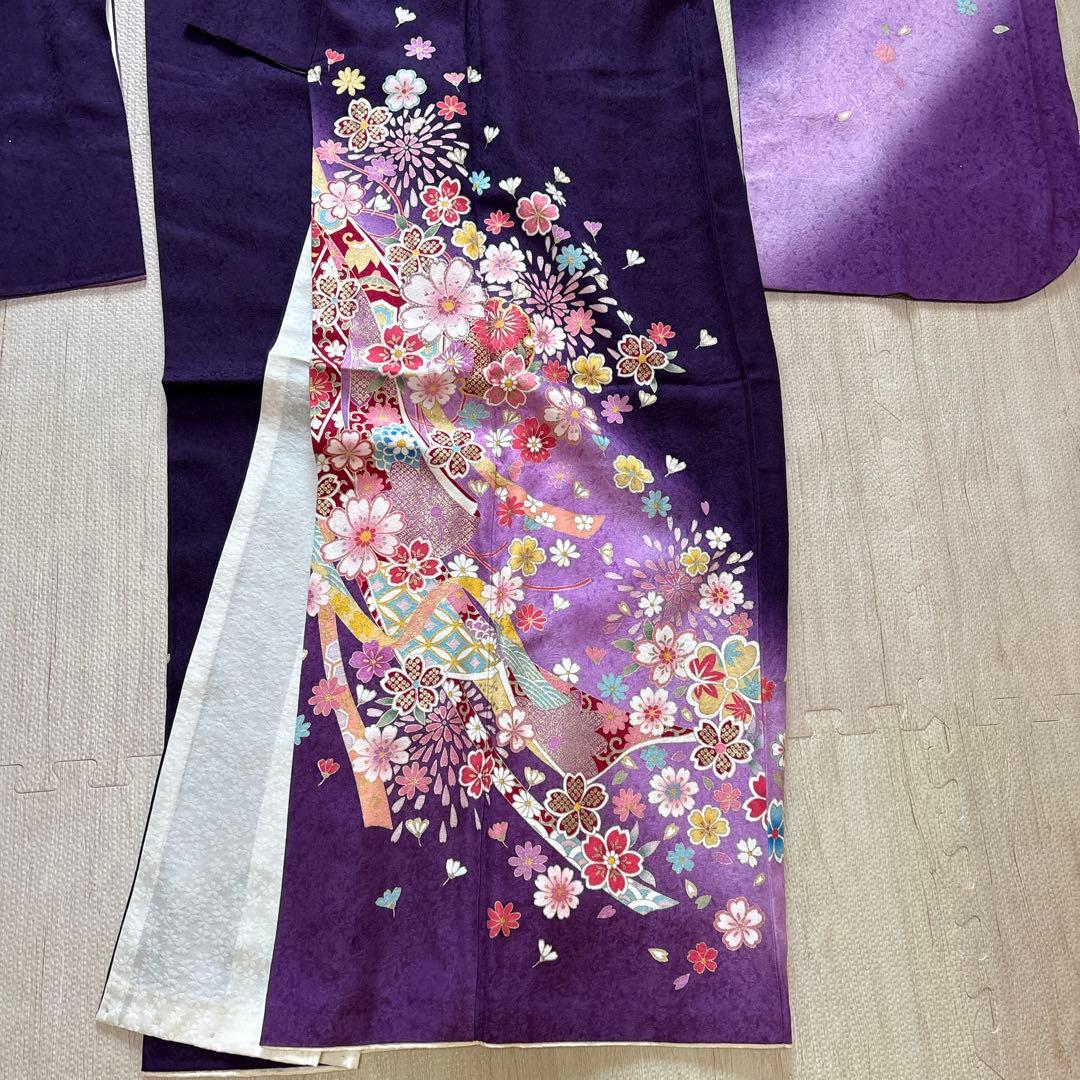 振袖 紫色 花柄 成人式用　3点セット