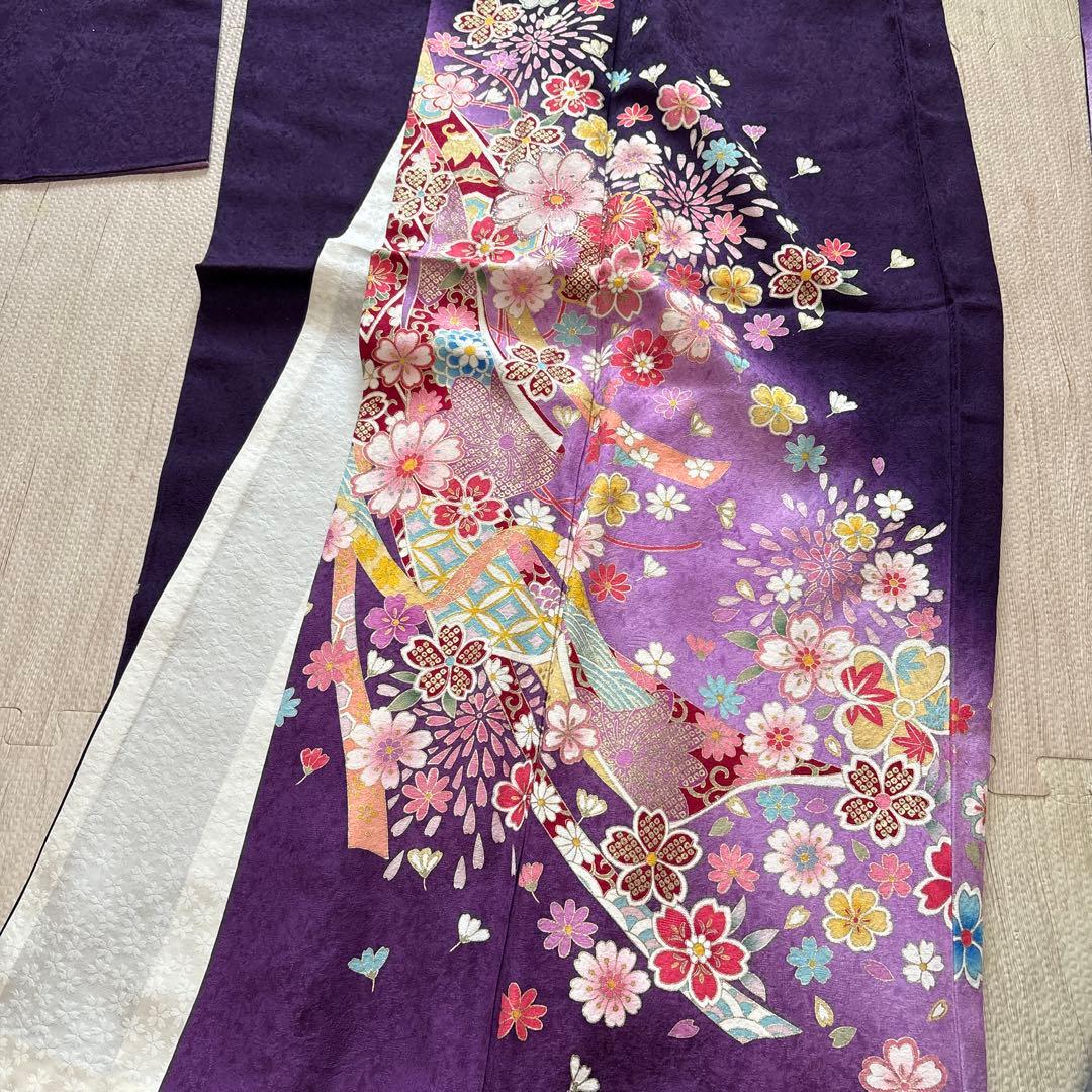振袖 紫色 花柄 成人式用　3点セット