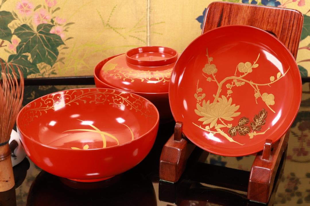 BJ121　時代輪島塗　四君子図蒔絵　吸物椀　二客　木製　茶道具 懐石 菓子