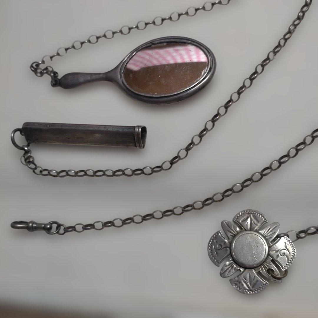 アンティーク　シルバー　シャトレーン　シャトレーヌ　スターリング　手鏡　フォブ