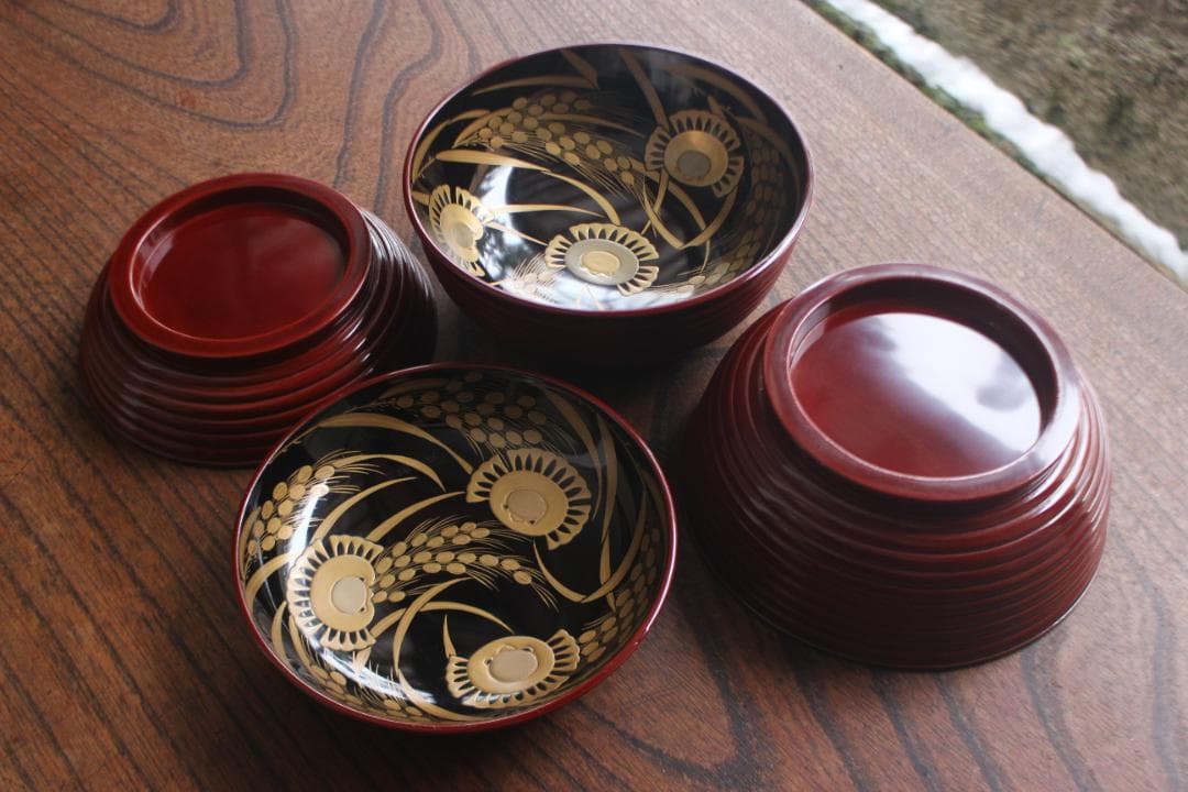 デッドストック！深みある糸目紅溜塗に極上稲穂福来雀蒔絵のお椀2点（検輪島塗雑煮椀