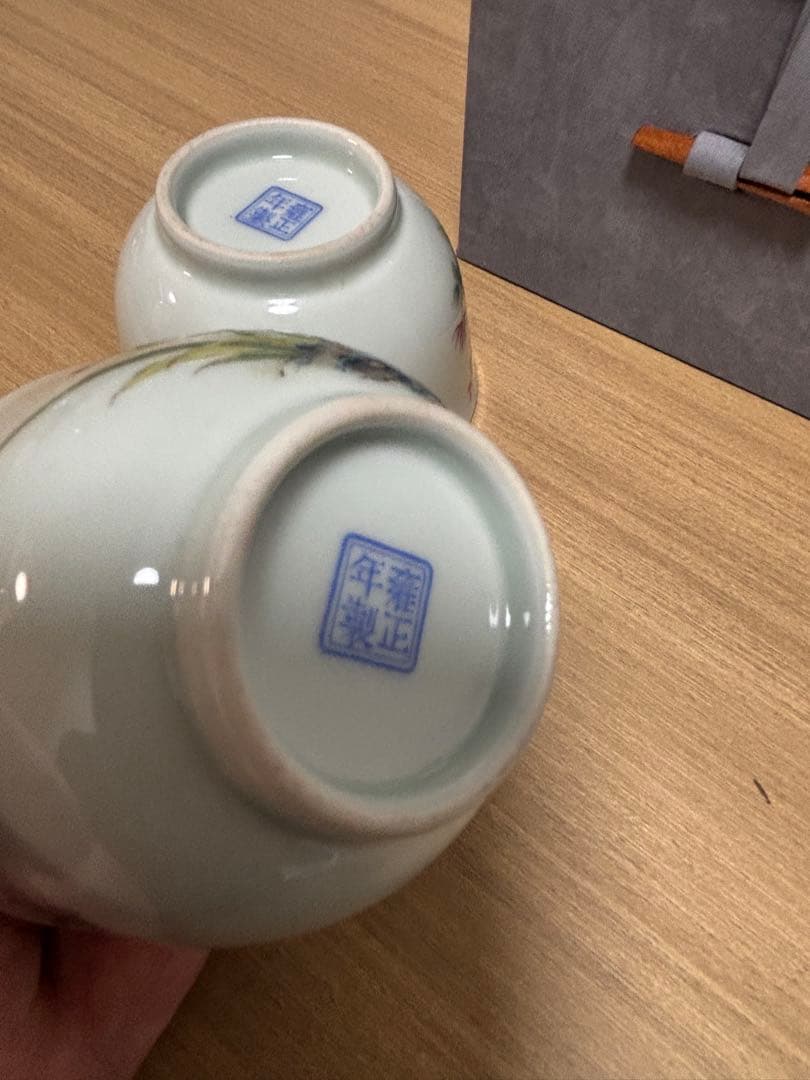 中国清時代　花鳥文茶碗 盃 粉彩　琺瑯彩　雍正年製在銘 官窯 2個セット