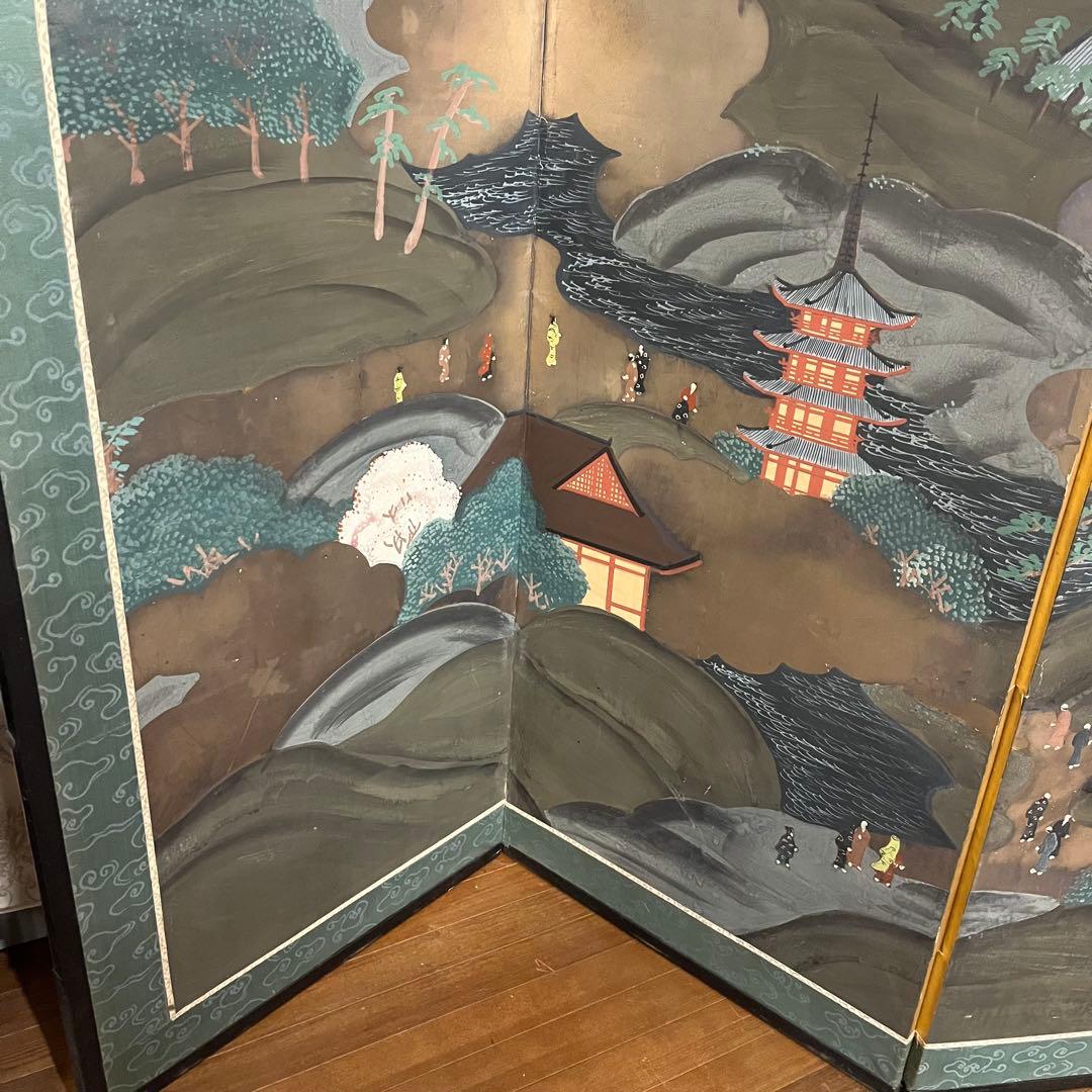 【アンティーク】蔵出し 六曲一双 屏風 人物画 風景画 日本画 金屏風 古美術