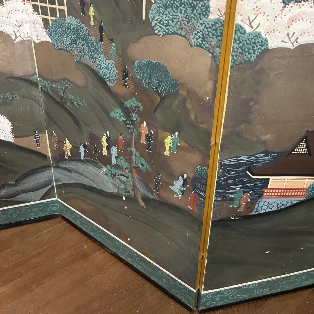 【アンティーク】蔵出し 六曲一双 屏風 人物画 風景画 日本画 金屏風 古美術