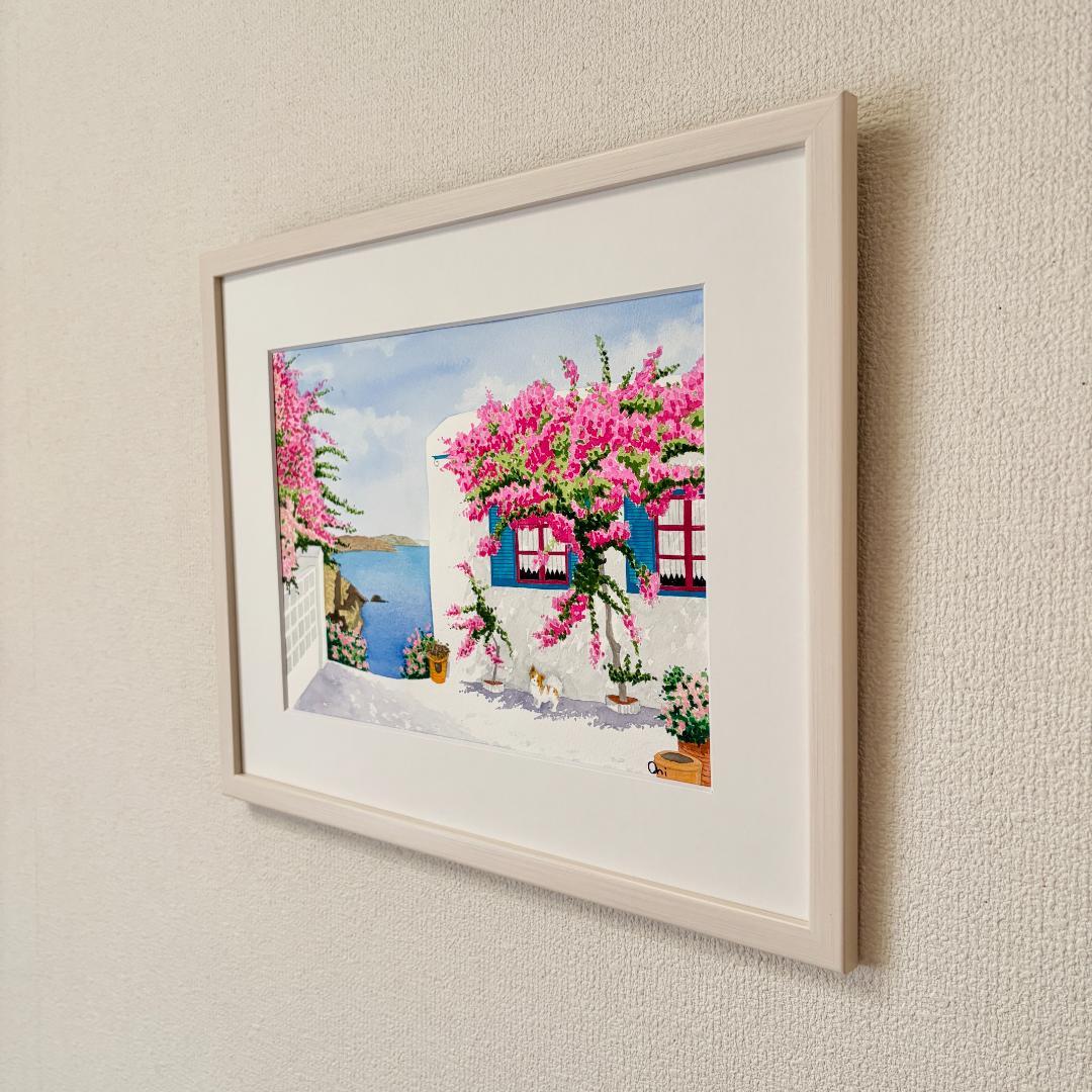 透明水彩画　原画　「エーゲ海とブーゲンビリア01」額縁付き　F4サイズ　風景画
