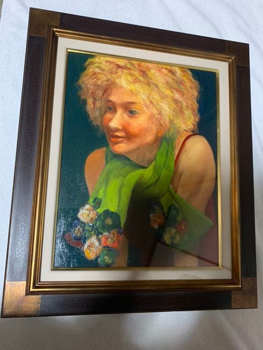 美術品 絵画 油彩 『黄緑色のマフラー』