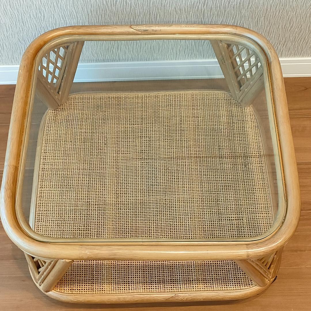 ラタン　ガラステーブル　キャスター付き　コーヒーテーブル