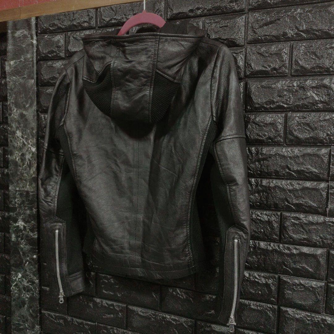 月星ノーアイディー黒ラムレザーシングルライダースフード付きジャケット完売品