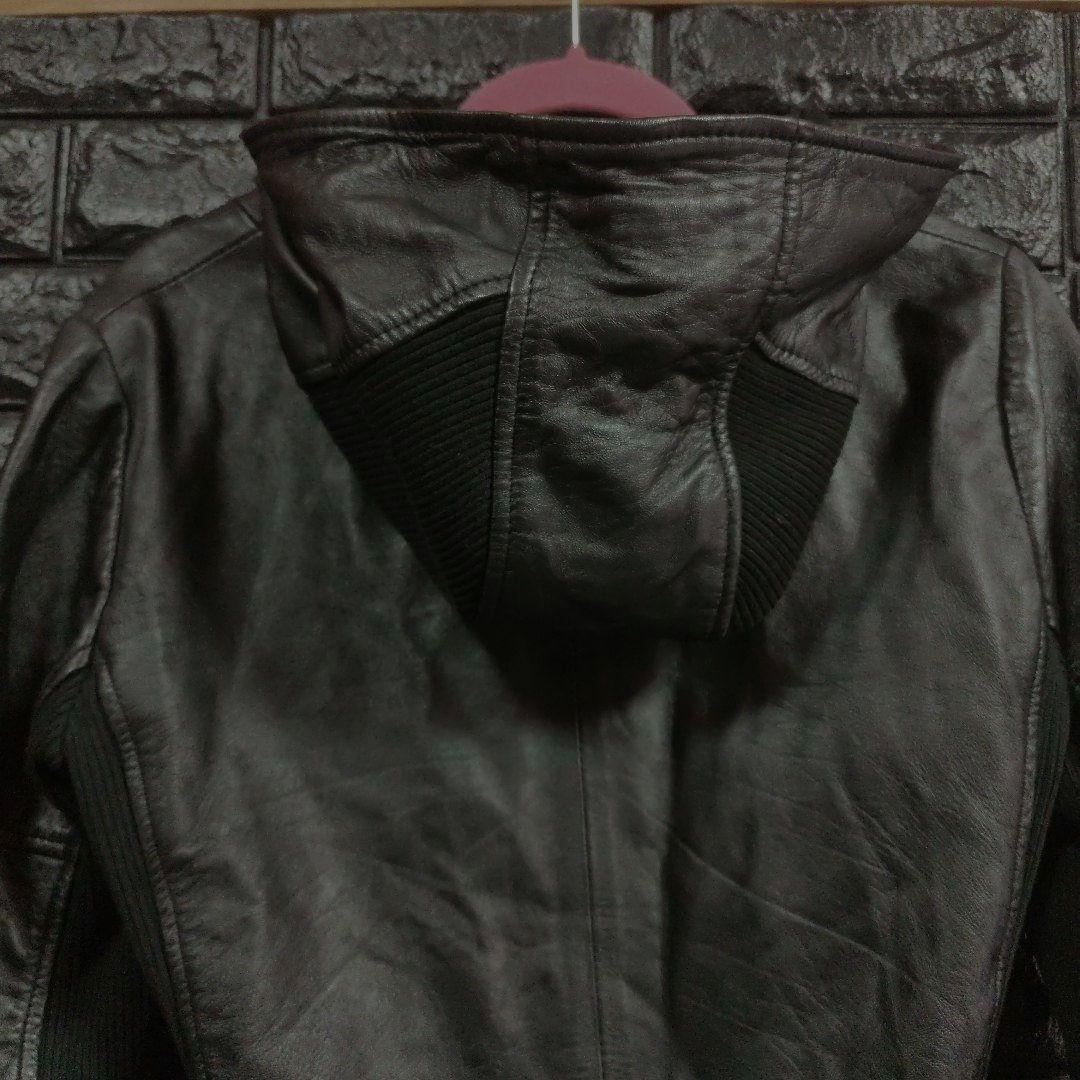 月星ノーアイディー黒ラムレザーシングルライダースフード付きジャケット完売品