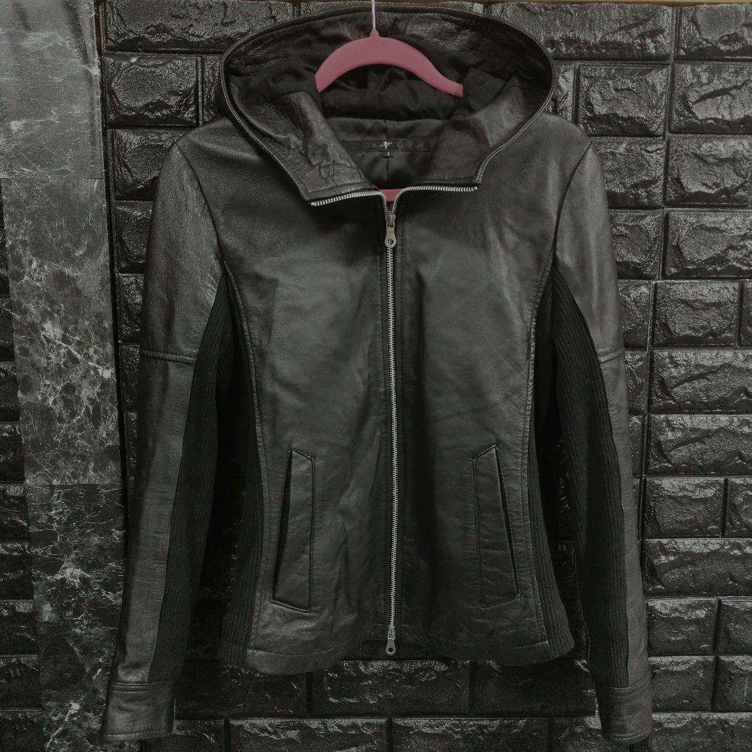 月星ノーアイディー黒ラムレザーシングルライダースフード付きジャケット完売品