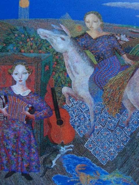 山本達郎、【緑なす丘陵】、希少な画集画、新品高級額・額装付