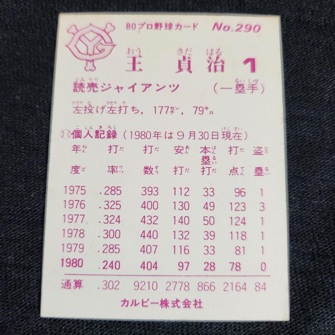 カルビー野球カード 80年 No.290 王貞治 (巨人)