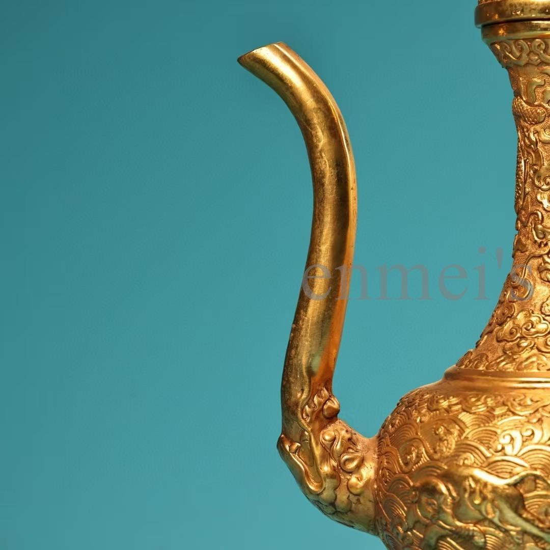 中国古美術・珍蔵純銅製・鎏金・酒器・高浮彫酒壺・純手作り・茶道具・酒具・風水置物