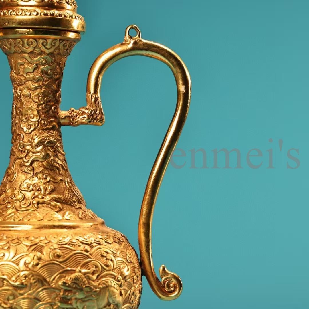 中国古美術・珍蔵純銅製・鎏金・酒器・高浮彫酒壺・純手作り・茶道具・酒具・風水置物