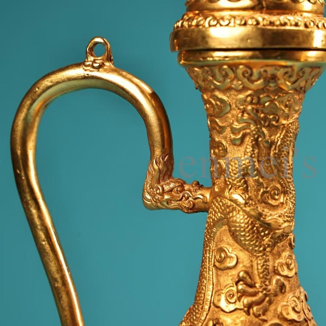 中国古美術・珍蔵純銅製・鎏金・酒器・高浮彫酒壺・純手作り・茶道具・酒具・風水置物