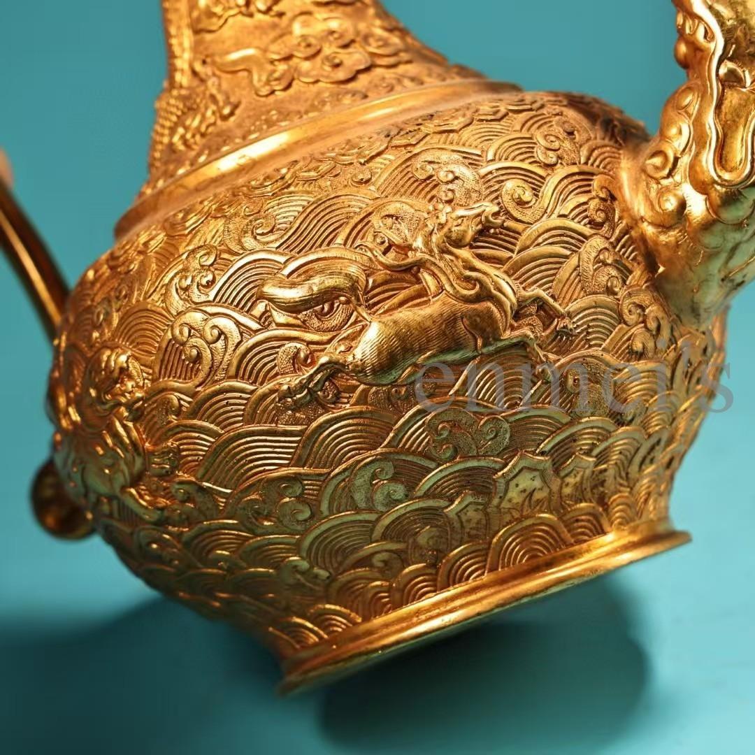 中国古美術・珍蔵純銅製・鎏金・酒器・高浮彫酒壺・純手作り・茶道具・酒具・風水置物