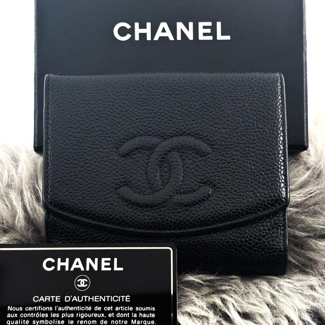【美品✨】シャネル ココステッチ キャビア Wホック 二つ折 財布