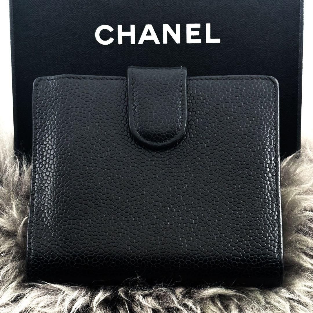 【美品✨】シャネル ココステッチ キャビア Wホック 二つ折 財布