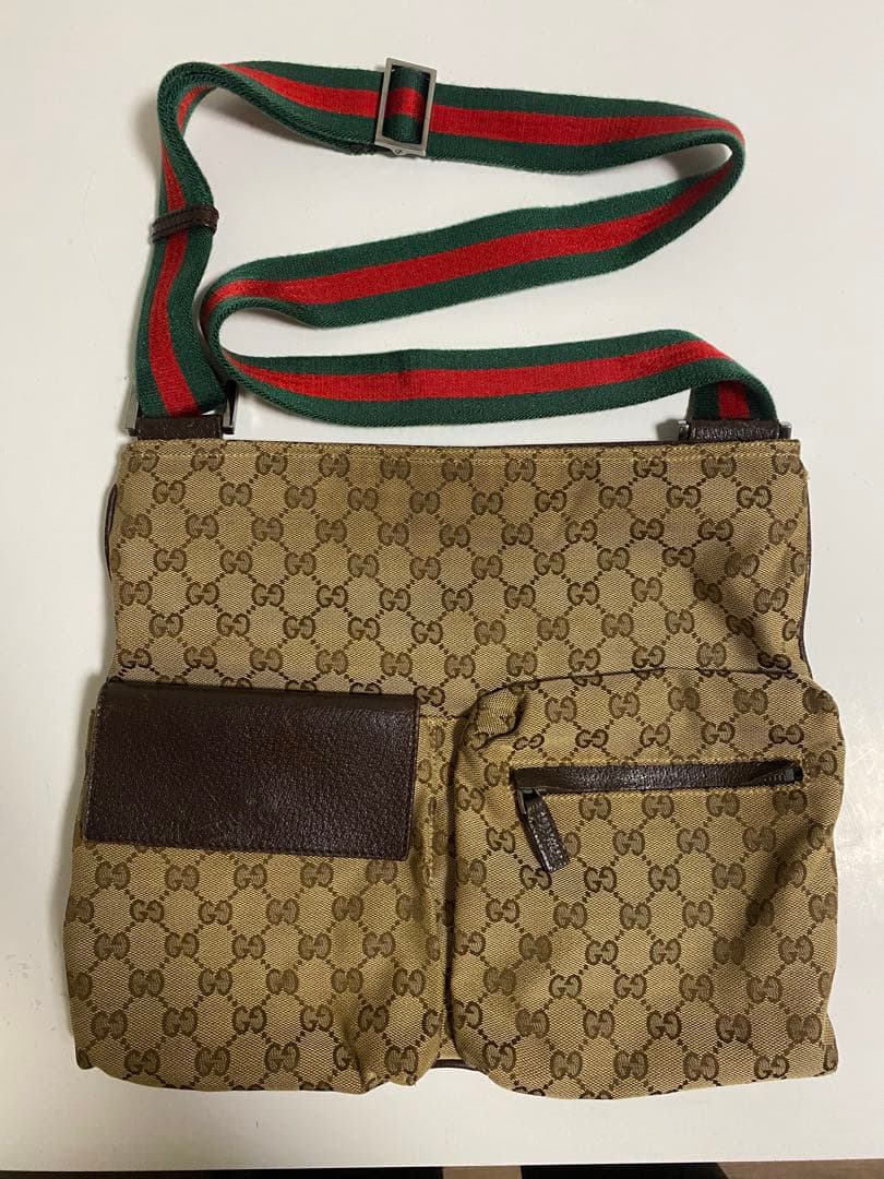 値下げGUCCI GGキャンバス ロゴ　シェリーライン レザー ショルダーバッグ