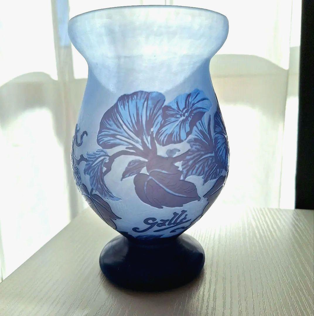 【エミール・ガレ】美品・花柄エッチングガラス花瓶 青アンティーク