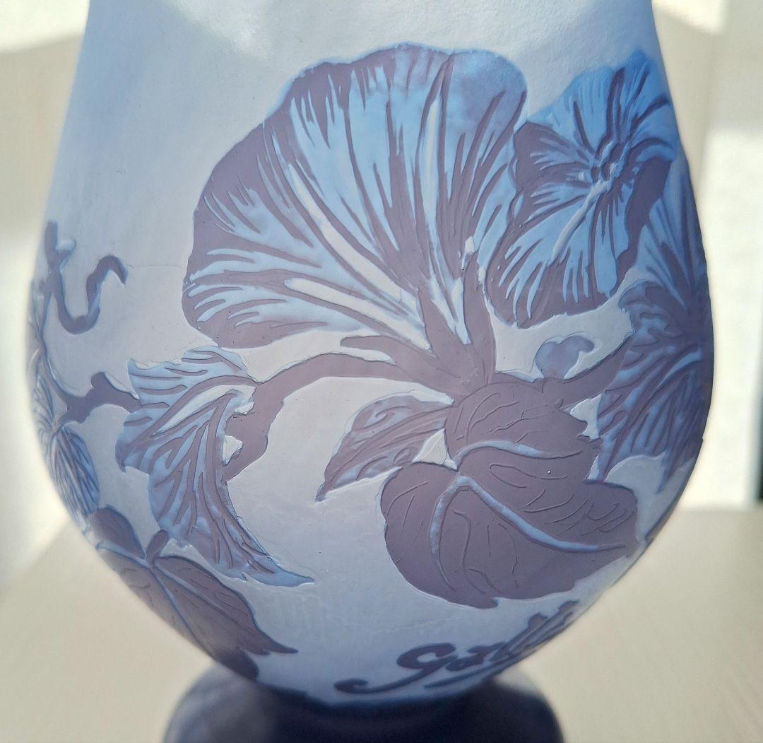 【エミール・ガレ】美品・花柄エッチングガラス花瓶 青アンティーク