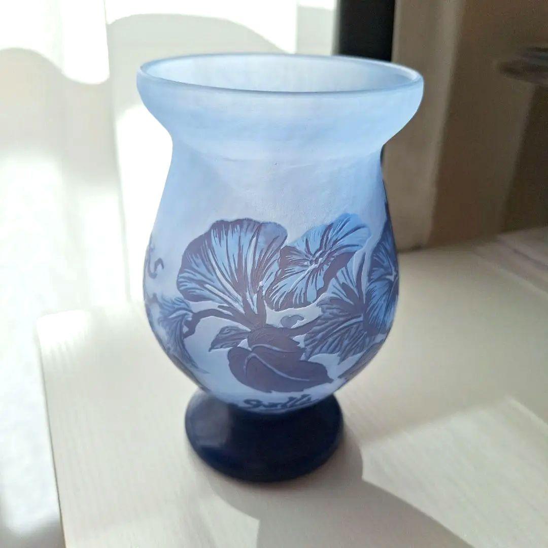 【エミール・ガレ】美品・花柄エッチングガラス花瓶 青アンティーク