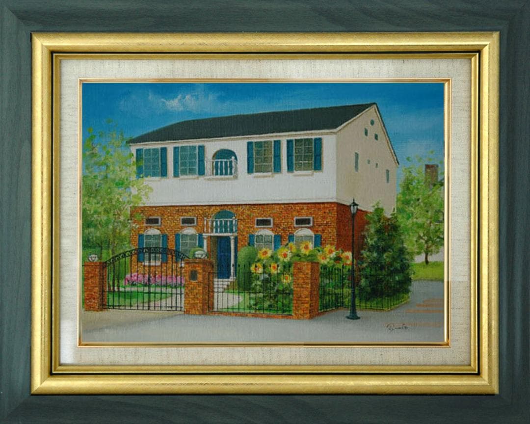 油絵 菅家令子 絵インテリア額付( 青緑＋金色の枠 )F4-110212ひまわり