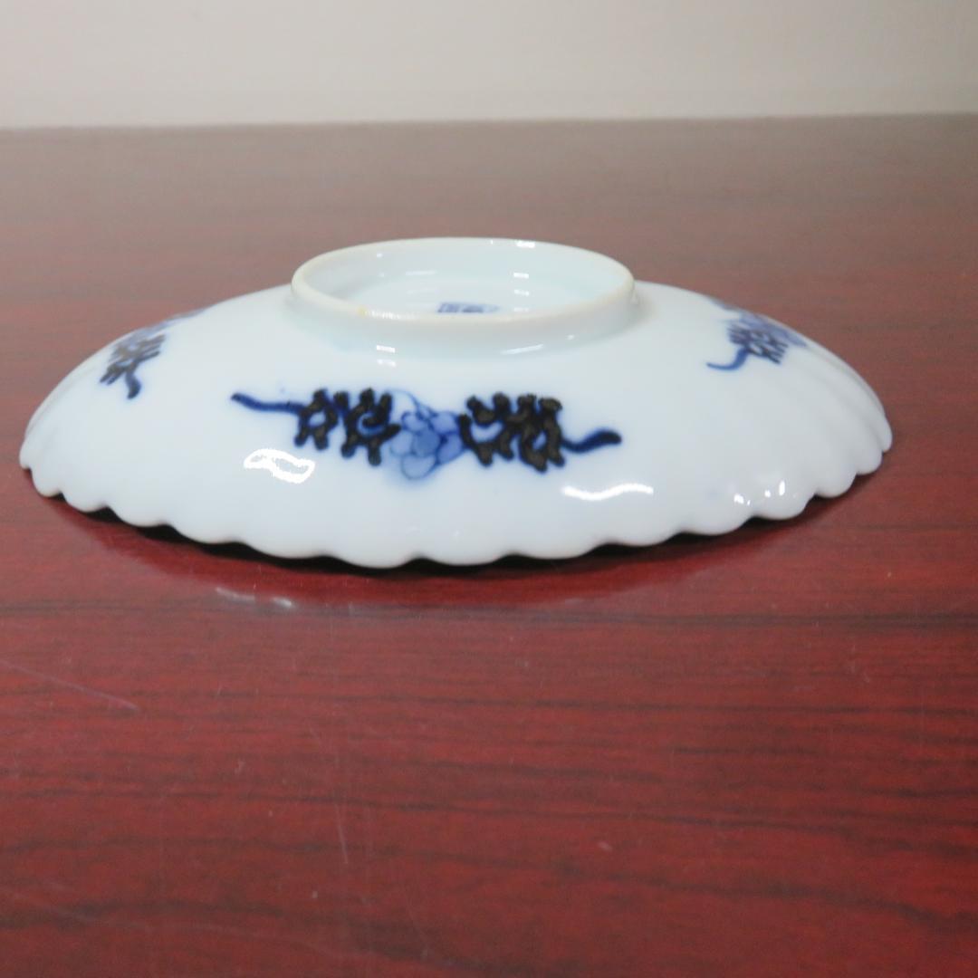 長丸皿 5枚 染付 花弁 唐草 明治 大正 ケンケン