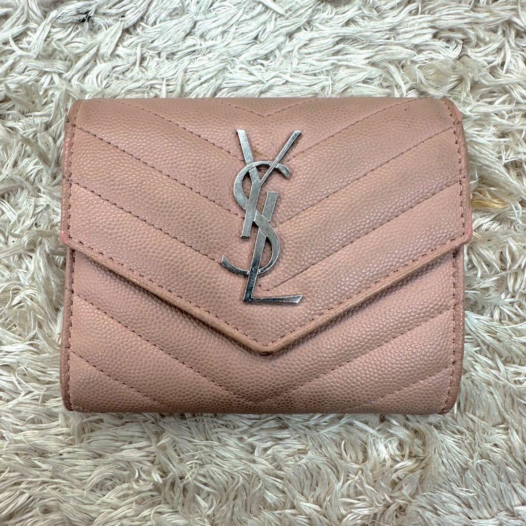 【美品】サンローラン 財布 YSL キャビアスキン ピンクベージュ キルティング
