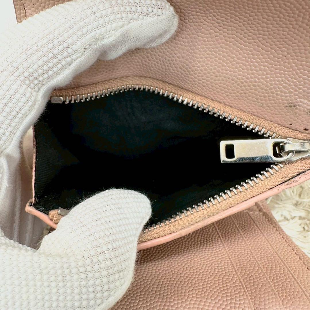 【美品】サンローラン 財布 YSL キャビアスキン ピンクベージュ キルティング