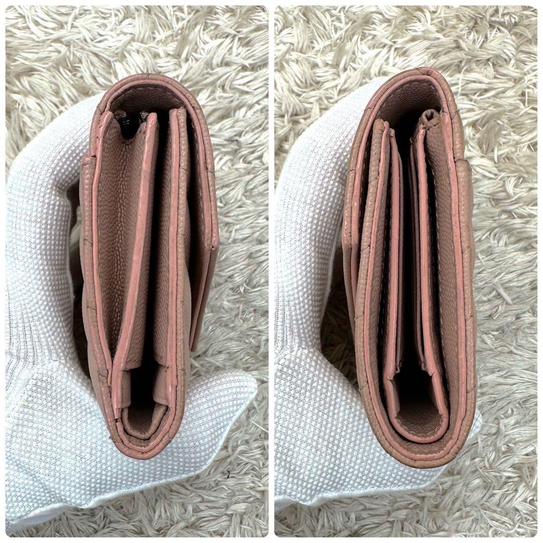 【美品】サンローラン 財布 YSL キャビアスキン ピンクベージュ キルティング